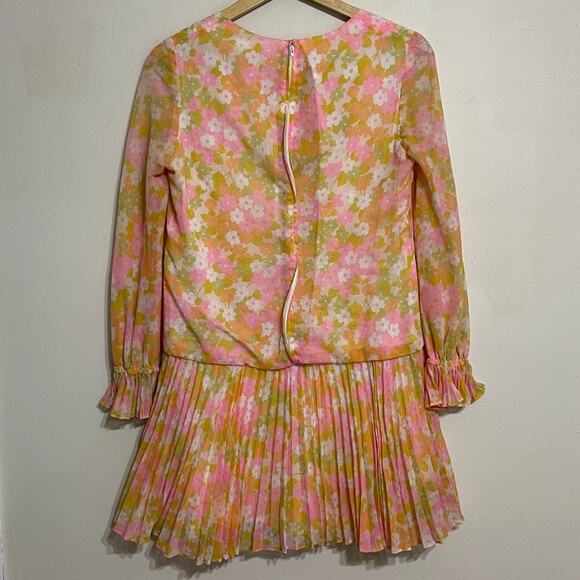 Vintage60s Mod Flower Child Long Sleeve Pleated Mini Dress Rare Size 6/8 - Picture 4 of 12